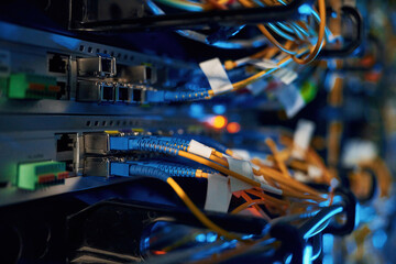 Blue and yellow wires. Close up view of hardware in the server room