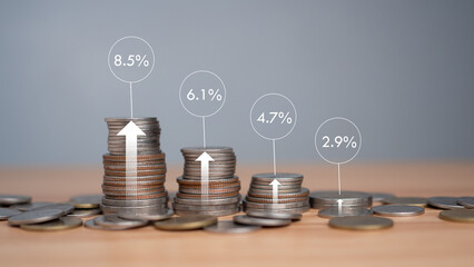 Stacking coins different height with percentage for interest rates from different investment,...