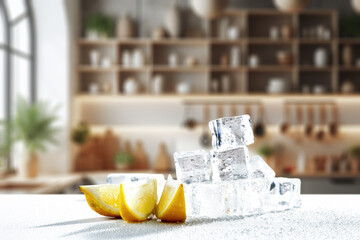 White wet desk top cover of ice cubes and lemon. Empty space for your bottle. Kitchen interior and...