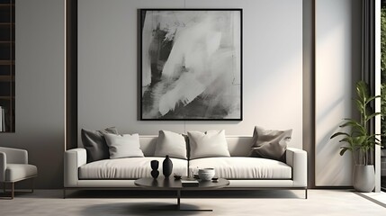 Stylish Living Room Interior with an Abstract Frame Poster, Modern interior design, 3D render. Generative AI