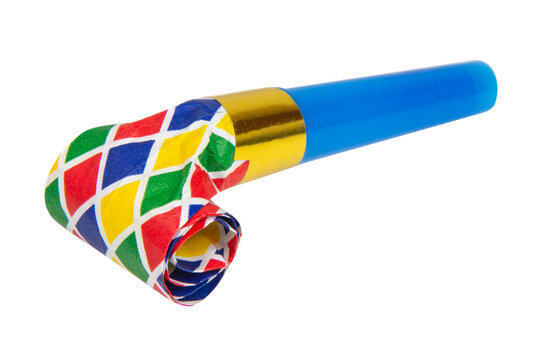Party blower horn noisemaker rolled for birthday isolated on the white background