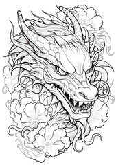 Dragon head with floral pattern. Black and white illustration for coloring book.