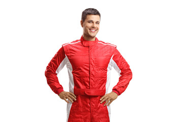 Male racer standing and smiling at camera - obrazy, fototapety, plakaty