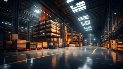 warehouse in logistic center. Warehouse for storage and distribution centers. Generative AI - obrazy, fototapety, plakaty