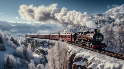 Train travels through a heavily snow-covered winter landscape, AI generated