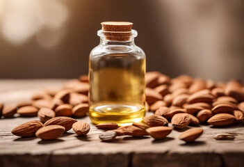 Olio di Mandorle in un Barattolo di Vetro e Mandorle su un Tavolo di Legno