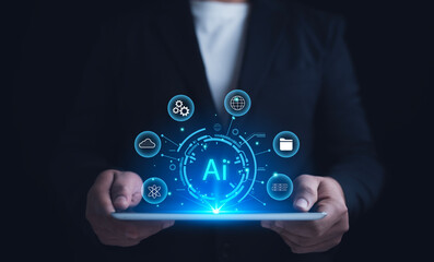 Businessman use of technology smart robot AI , artificial intelligence for generates something,...