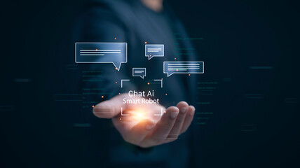 Businessman use of technology smart robot AI , artificial intelligence for generates something,...