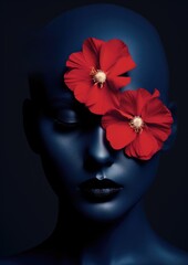 Fashion shot of a girl on a blue background with red flowers, fashion magazine cover