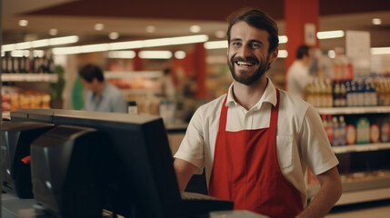 Smiling salesman or cashier at the supermarket checkout - obrazy, fototapety, plakaty