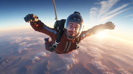 skydiver's view from the front with clear view of the sky and atmosphere. The skydiver may be at the top of the photo or opening his parachute in the later wind. Headshots can convey the determination