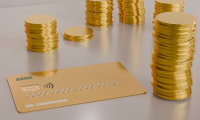 A credit card lies on a gray frosted glass table. Heaps of gold coins in the background. 3D rendering.
