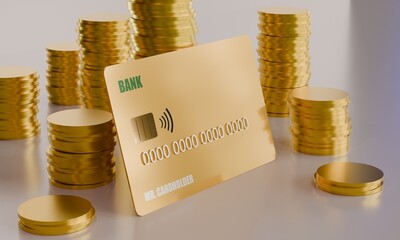 Graphic 3D illustration on the topic of finance. Credit card among gold coins on a gray shiny table. Banking.