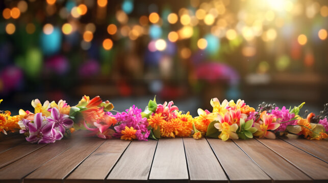 The background the wooden table decorated only during the Songkran festival.The latter picture full happiness and joy. The tables are decorated with decoration.There may be bright flowers on the table