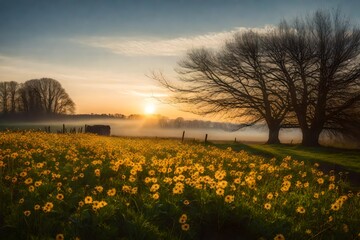 A rural springtime scene at sunrise.