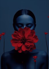 Fashion shot of a girl on a blue background with red flowers, fashion magazine cover