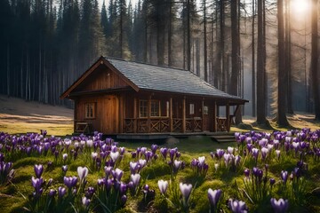 a wooden cabin on a meadow where crocus blooms are in bloom.