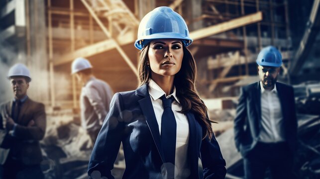 A powerful image of a businesswoman in a hard hat leading a team at a construction site, with blueprints under her arm