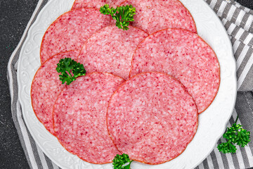 salami sausage fresh meat product ready to eat healthy eating cooking appetizer meal food snack on...