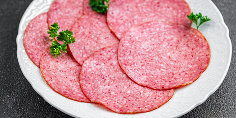 salami sausage fresh meat product ready to eat healthy eating cooking appetizer meal food snack on the table copy space