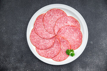 salami sausage fresh meat product ready to eat healthy eating cooking appetizer meal food snack on...