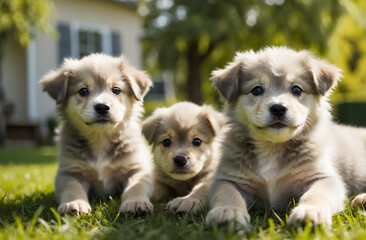 wonderful puppies on a lawn with grass on a sunny day