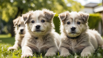 charming puppies on a lawn with grass on a sunny day