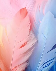 A visually soothing aesthetic background featuring a delicate arrangement of feathers in soft pastel tones, creating a serene and warm vibe suitable for a calming vertical wallpaper. - obrazy, fototapety, plakaty