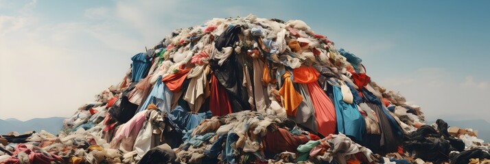 Waste industry trash in nature landscape, garbage stack of cloth industrial pollution awareness global pollution. Textile, fast fashion waste landfill.