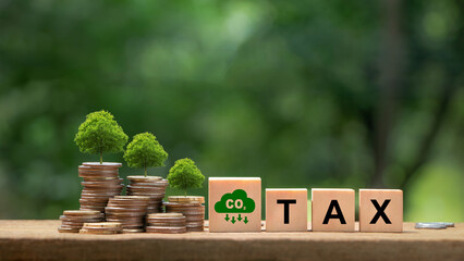 Co2 Tax.Carbon tax, environmental and social responsibility business concept.Controlling carbon emission. Words TAX on a wooden cube with Co2 icon  and coin money stack.Taxation for nature pollution. - obrazy, fototapety, plakaty