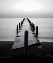 Long exposure of a jetty on a beach at sunset in black and white