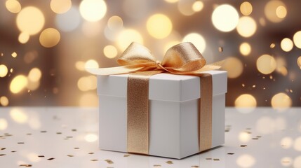 white gift box with a golden ribbon on a blurred xmas background