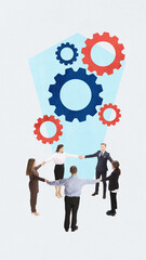 Colleagues standing in circle and holding hands, generating creative and successful ideas for project development. Contemporary art collage.