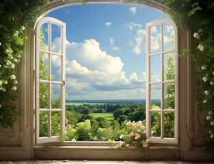 Nature Panoramic View of a Rural Summer Field Through an Opened Window, Inviting the Beauty of the Outdoors Into the Heart of the Space.