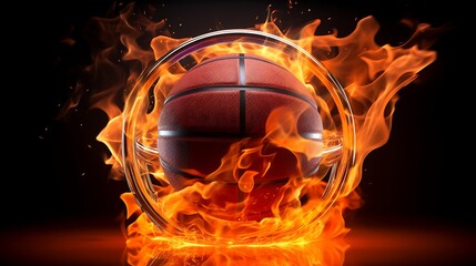 basketball game ball in hoop fire, AI Generative