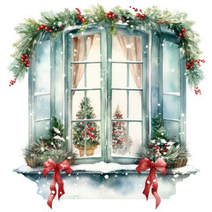 Watercolor illustration of a Christmas window in holiday decoration on a white background - obrazy, fototapety, plakaty