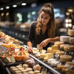 Young woman shopping in supermarket, at the cheese counter, meat counter, fruit stand, bakery, fish...