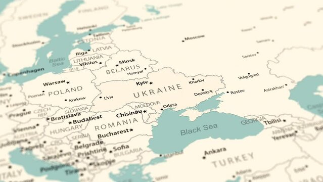 Ukraine on the world map. Smooth map rotation. 4K animation.