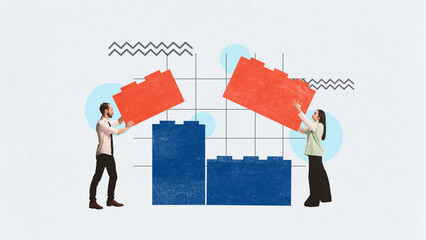 Young man and woman, colleagues connecting puzzles symbolizing teamwork, assistance and common...