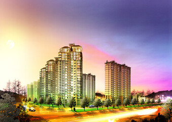 city skyline at sunset, Night view architectural illustration of modern residential building