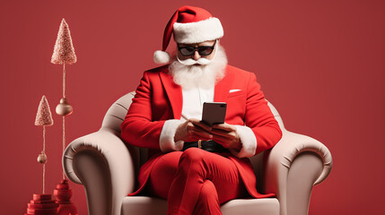 cheerful Santa Claus looking at a smartphone sending holiday greetings