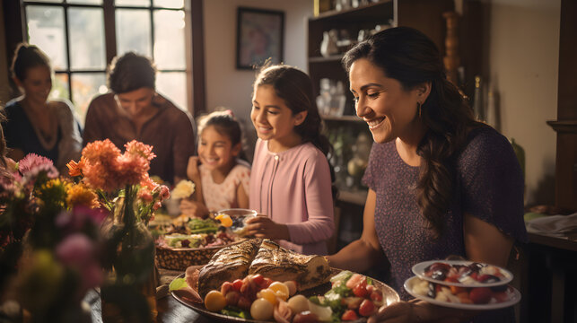 Familia latina celebrando a las madres reunidas con comida tradicional para el 10 de mayo, felicidad en familia