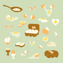 A set of raw and boiled chicken and quail eggs. Broken and whole eggs, with cracked shells, on a stand, fried in a frying pan and in farm packaging. Vector illustration in modern flat style.