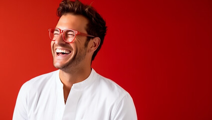 Obraz premium A man in glasses laughs at the camera. Happy and cheerful guy smiling. Eyewear advertising.