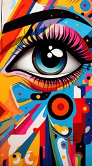 Vibrant street art festival scene featuring expressive eyes, bold flower, and a dynamic backdrop of colorful abstract shapes in graffiti style
