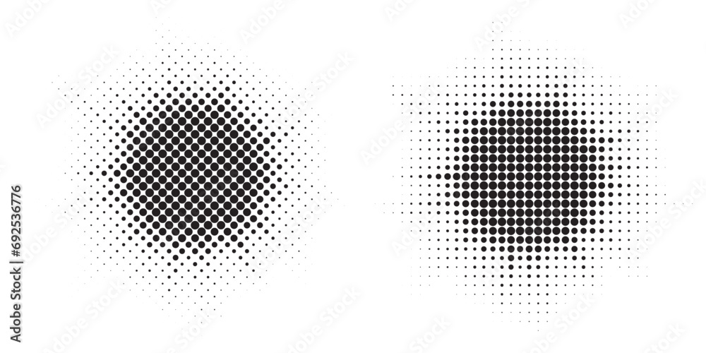 Aufkleber Halftone circle frame dotted background set. Round border Icon using halftone random circle dots raster texture. Grunge circular stain. Vector illustration. 