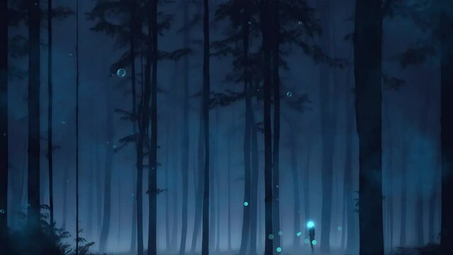 pine forest at night with full light
