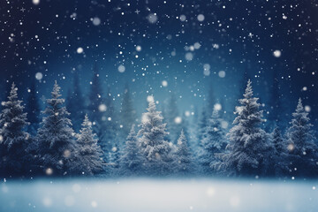 Snowing with blurred forest trees background