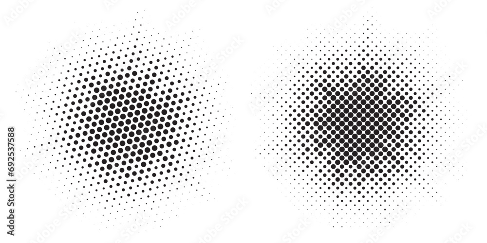 Aufkleber Halftone circle frame dotted background set. Round border Icon using halftone random circle dots raster texture. Grunge circular stain. Vector illustration. 