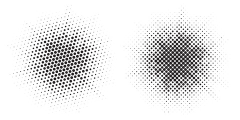 Halftone circle frame dotted background set. Round border Icon using halftone random circle dots raster texture. Grunge circular stain. Vector illustration. 